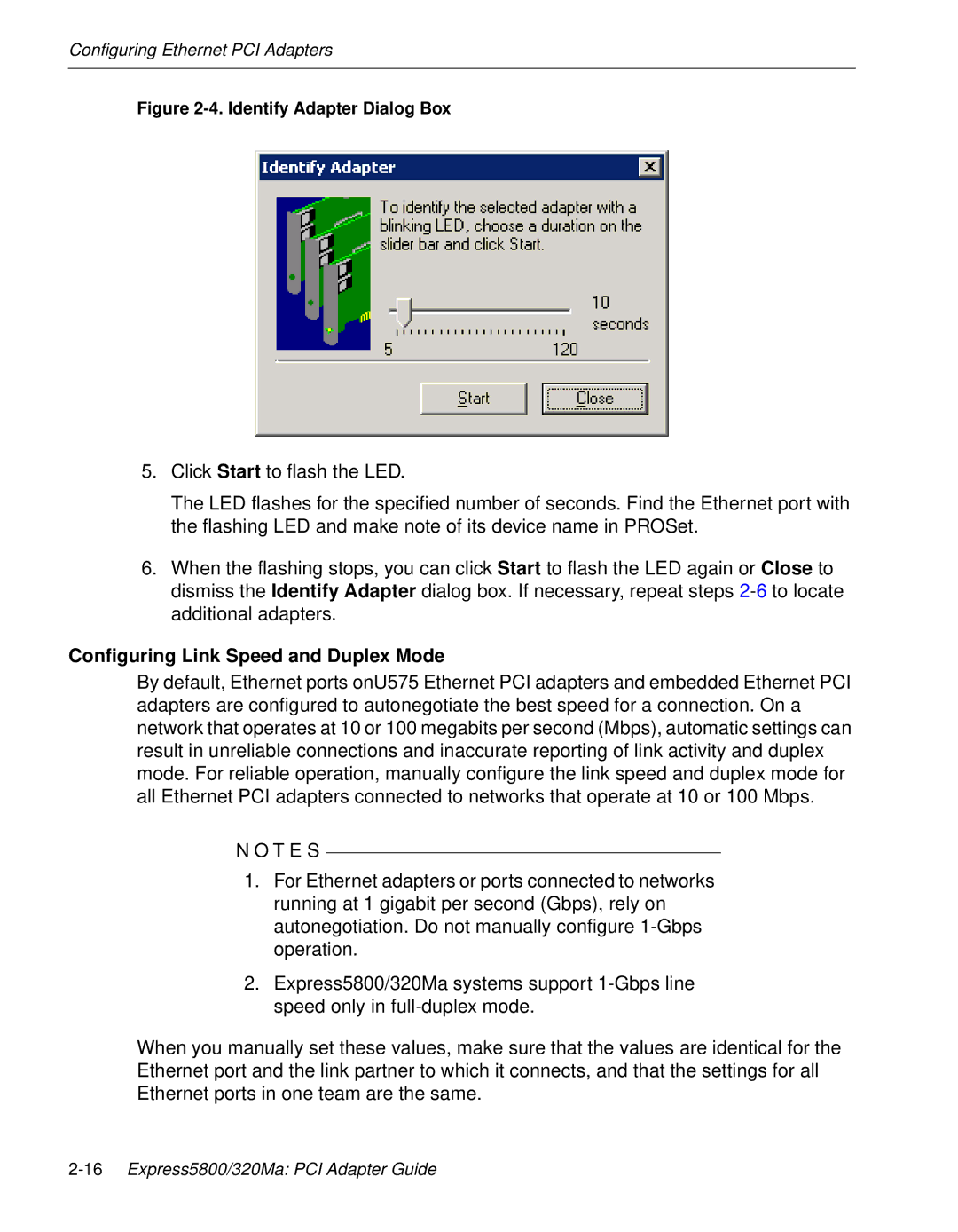 NEC 5800/320MA manual Configuring Link Speed and Duplex Mode, Identify Adapter Dialog Box 