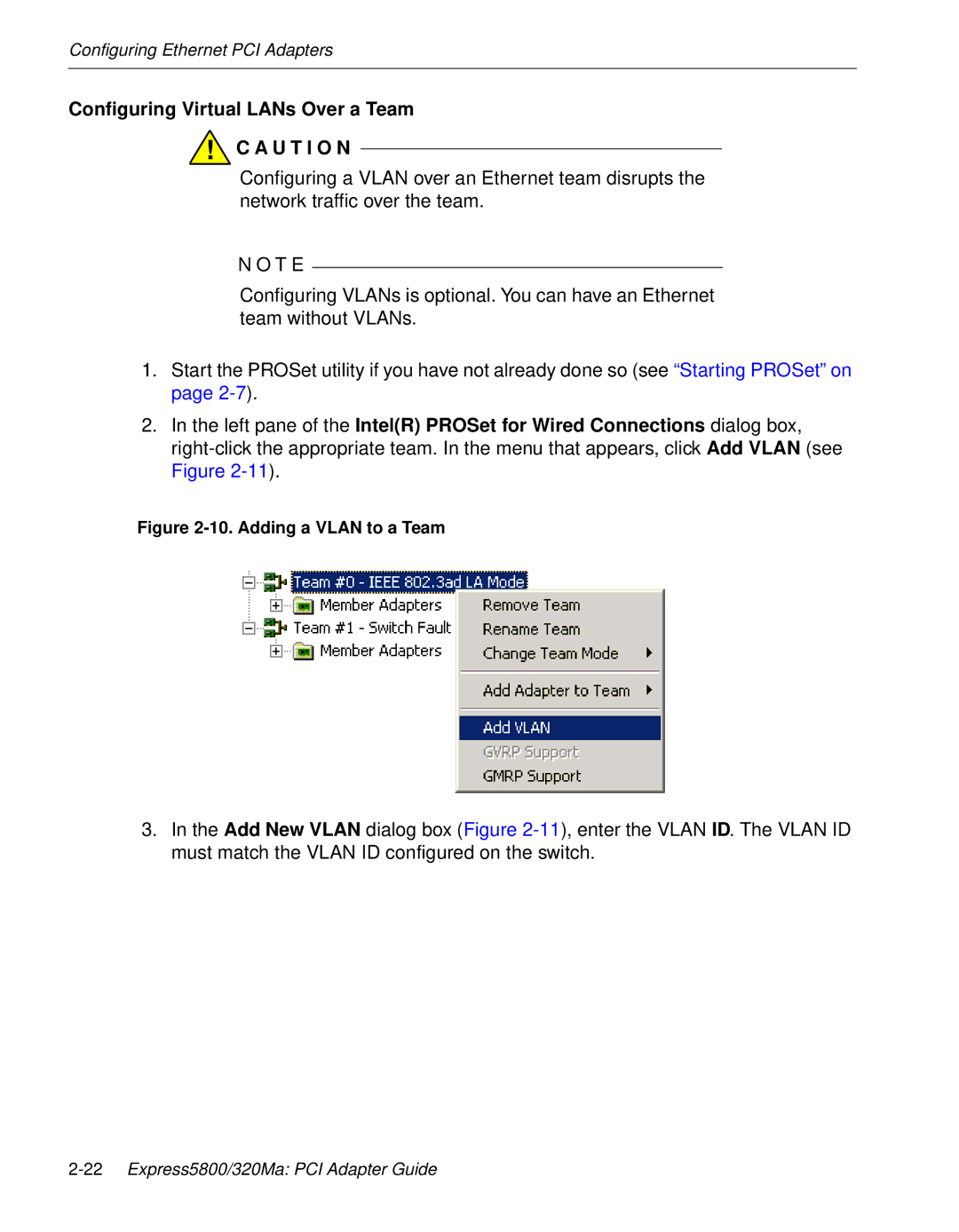 NEC 5800/320MA manual Configuring Virtual LANs Over a Team U T I O N, Adding a Vlan to a Team 