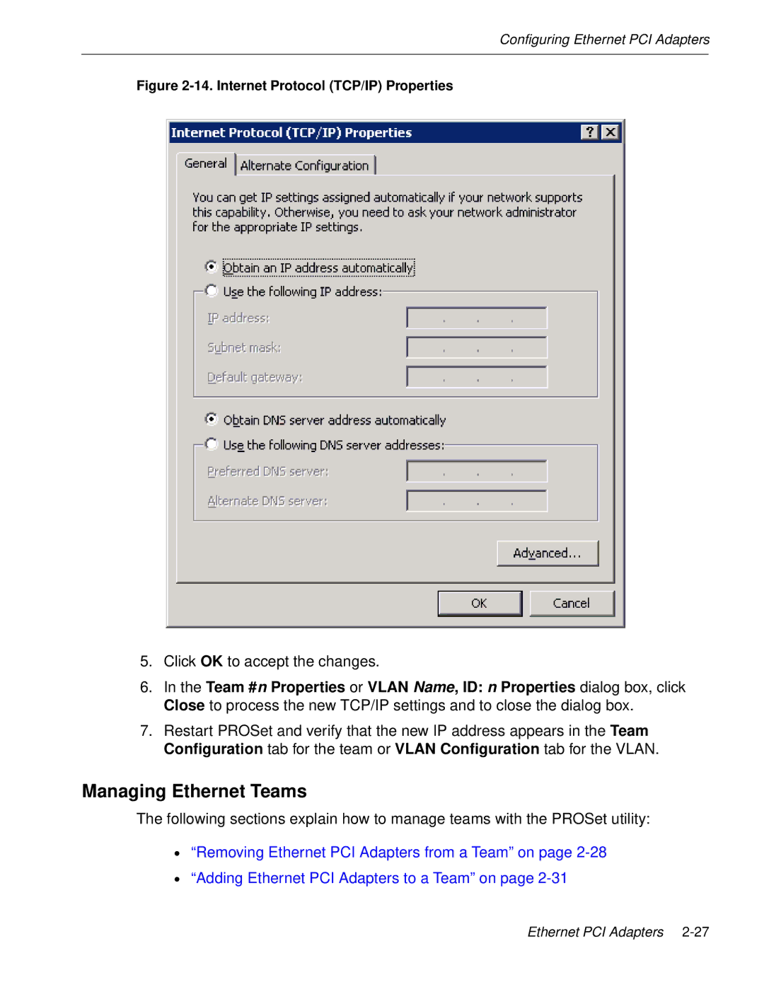 NEC 5800/320MA manual Managing Ethernet Teams, Internet Protocol TCP/IP Properties 