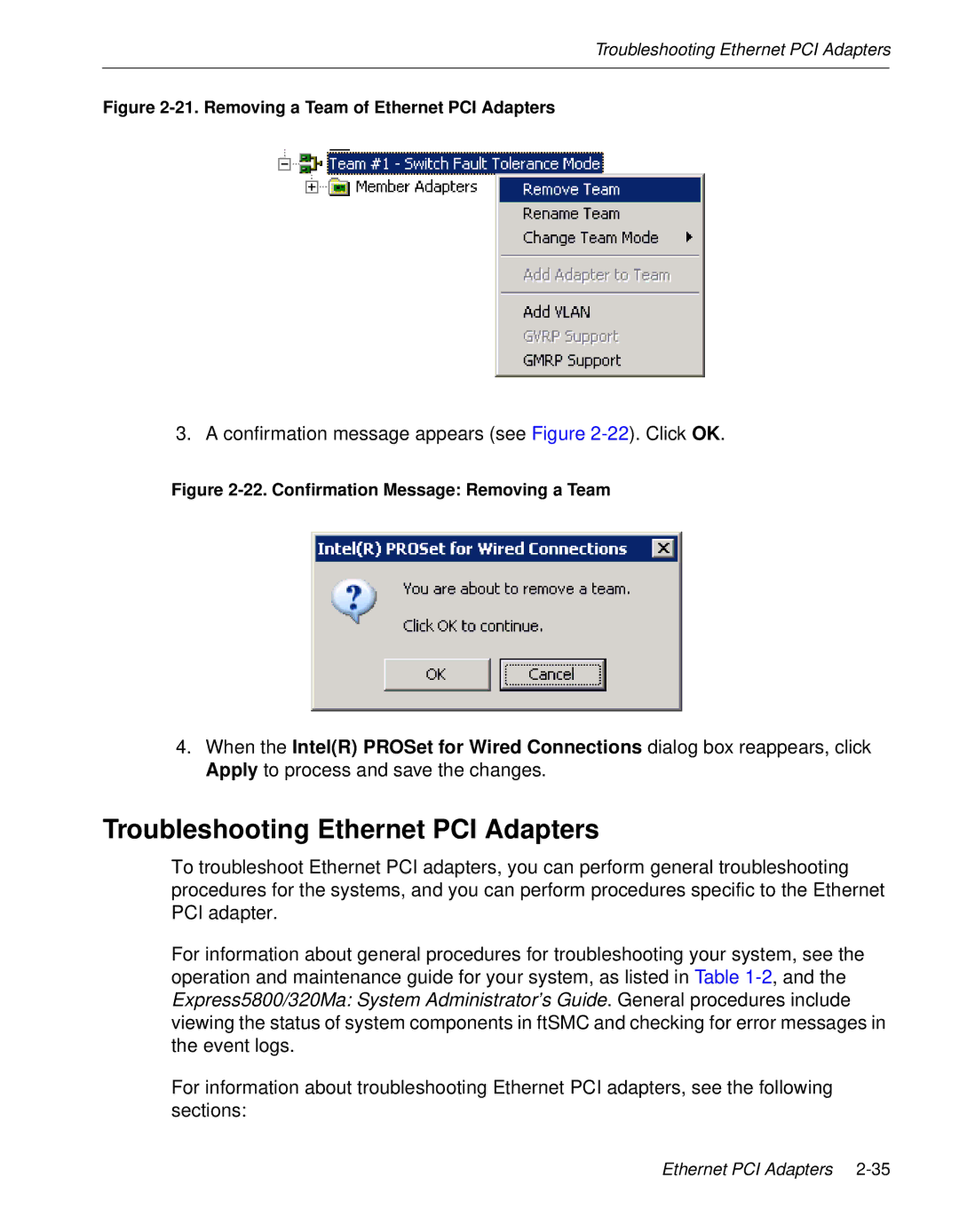 NEC 5800/320MA manual Troubleshooting Ethernet PCI Adapters, Removing a Team of Ethernet PCI Adapters 