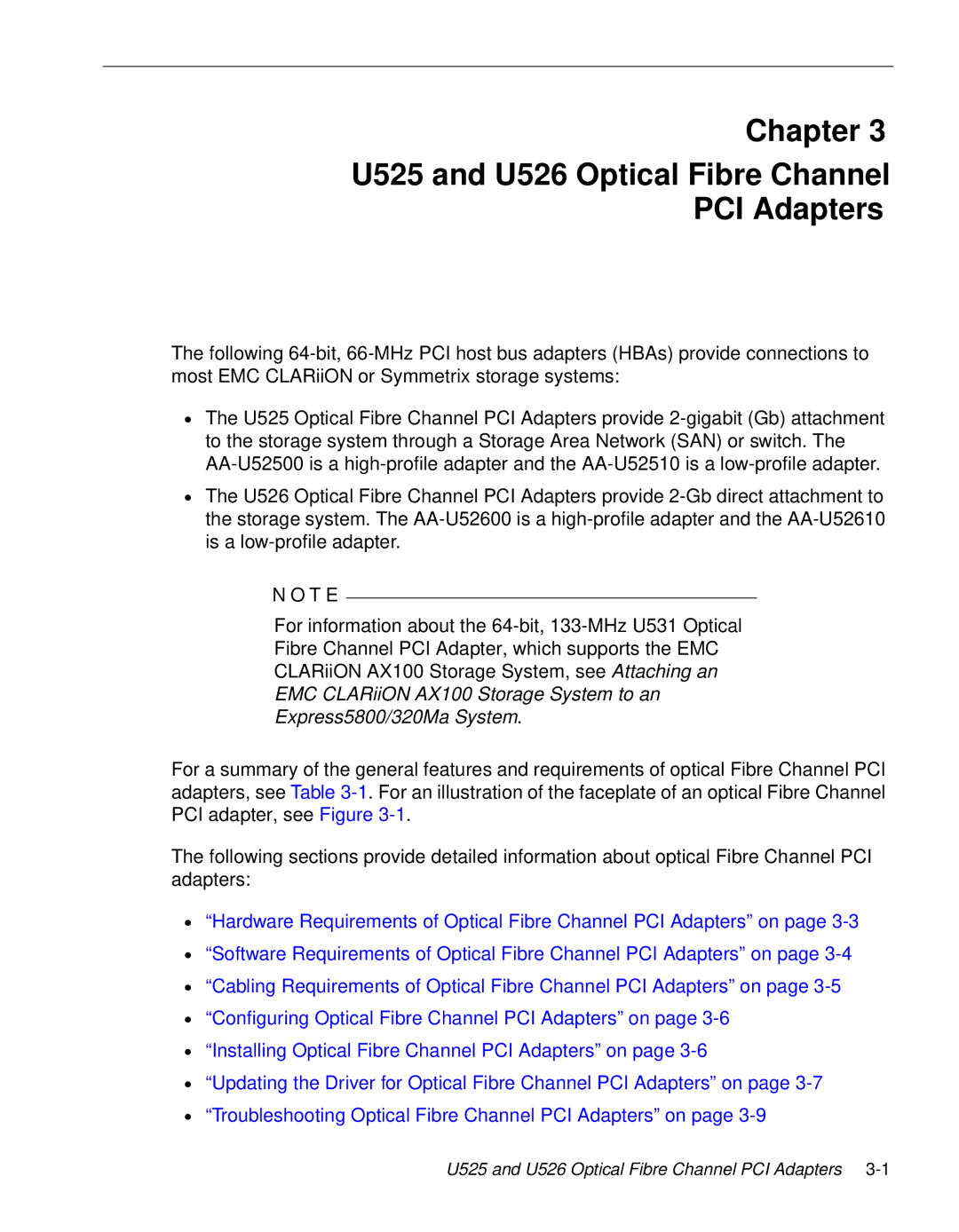 NEC 5800/320MA manual Chapter U525 and U526 Optical Fibre Channel PCI Adapters 