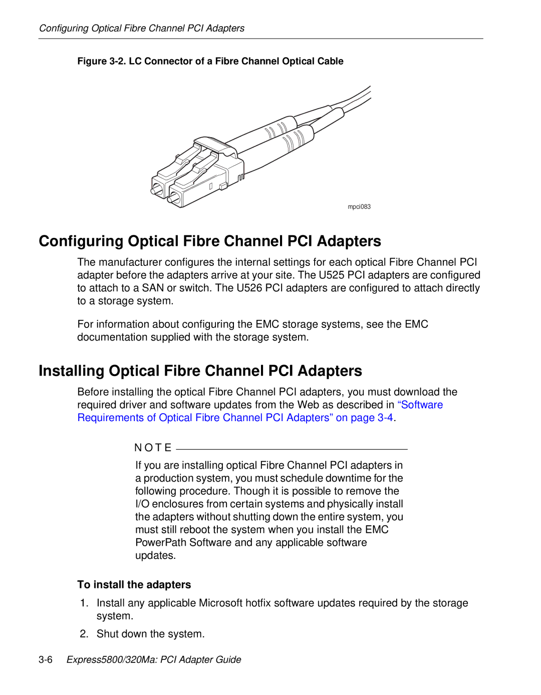 NEC 5800/320MA manual Configuring Optical Fibre Channel PCI Adapters, Installing Optical Fibre Channel PCI Adapters 