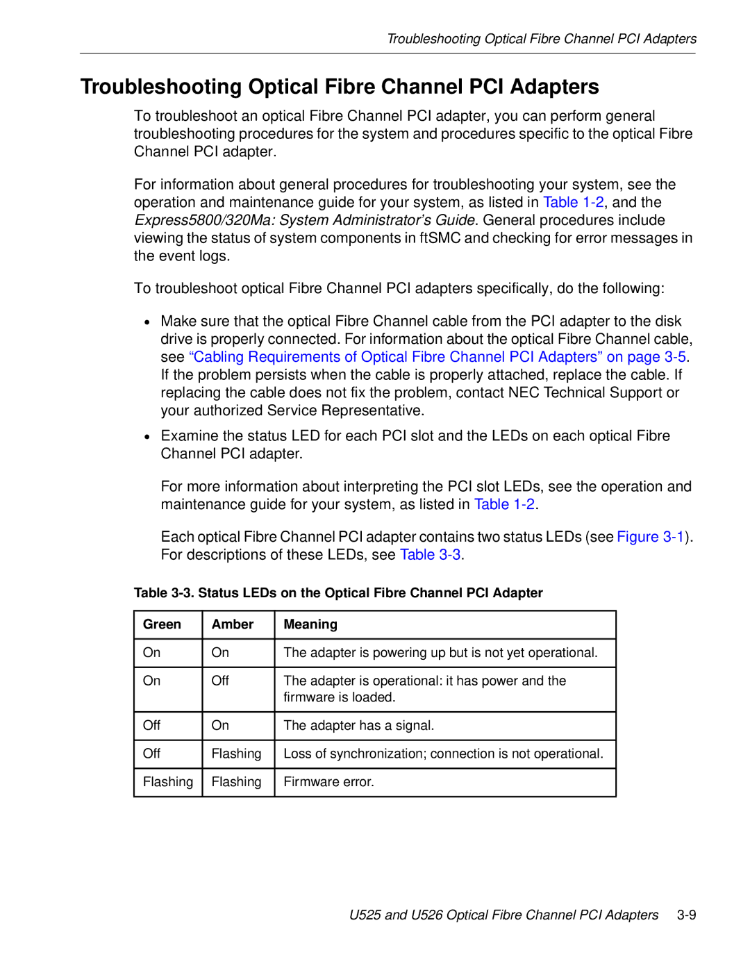 NEC 5800/320MA manual Troubleshooting Optical Fibre Channel PCI Adapters 