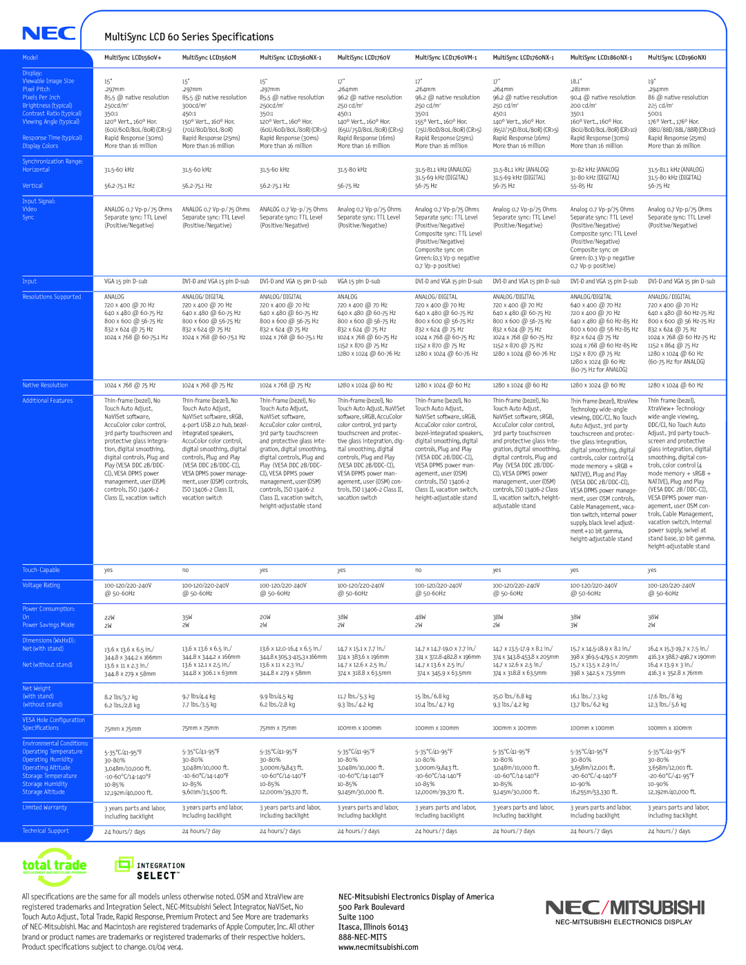 NEC manual MultiSync LCD 60 Series Specifications, 70U/80D/80L/80R 