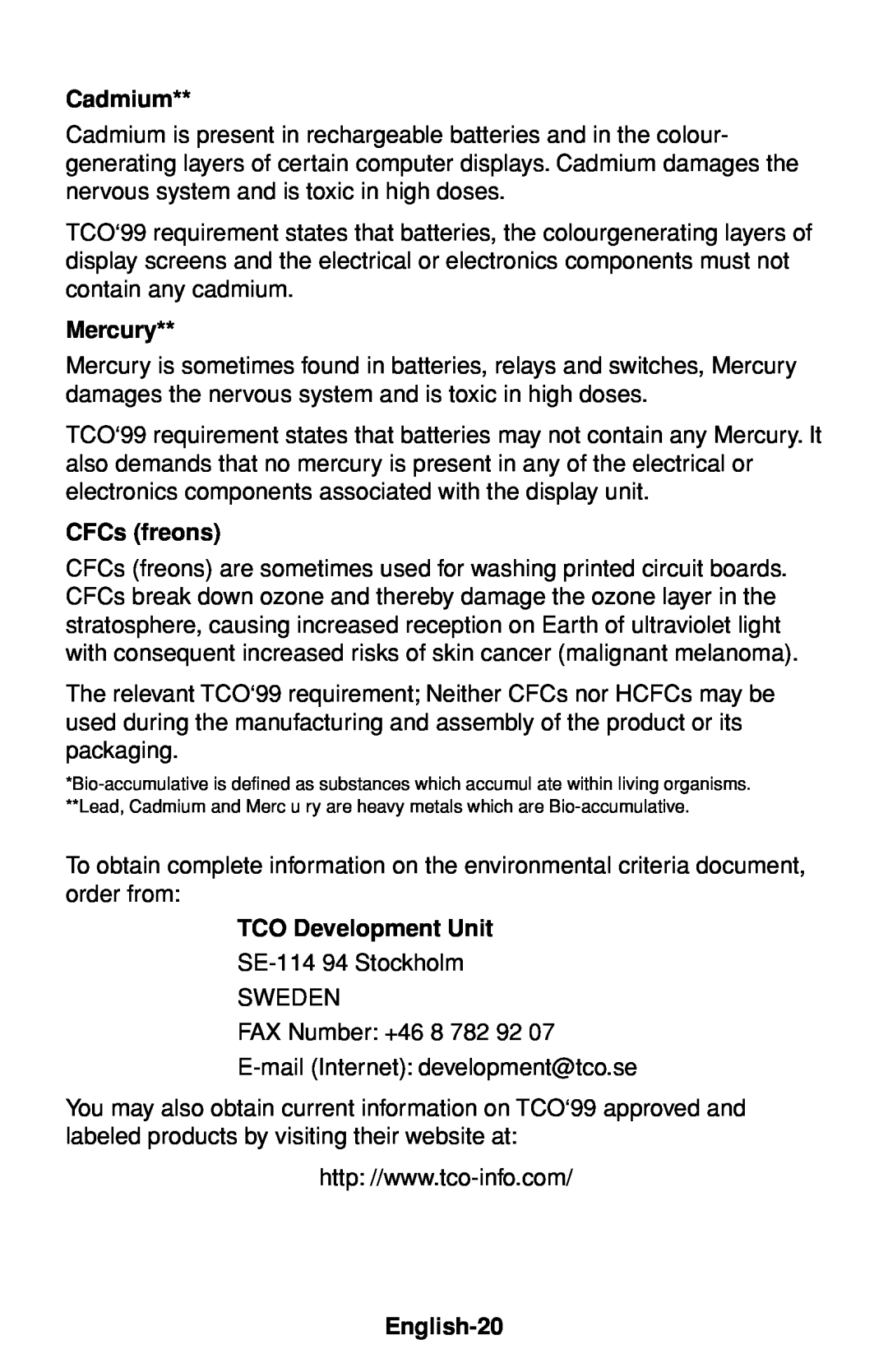 NEC 60000531 user manual Cadmium, Mercury, CFCs freons, TCO Development Unit, English-20 