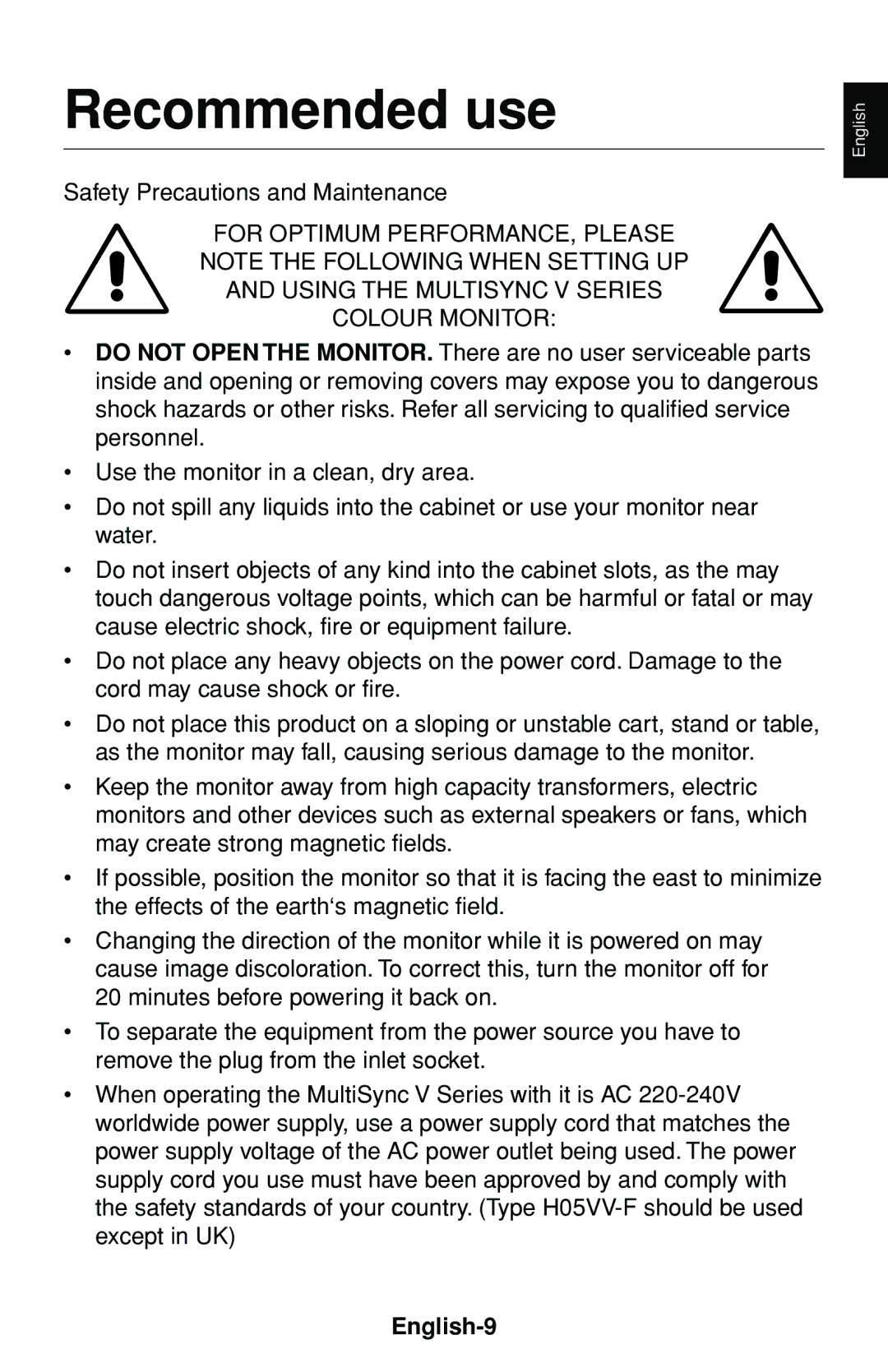 NEC 60000531 user manual Recommended use, English-9 