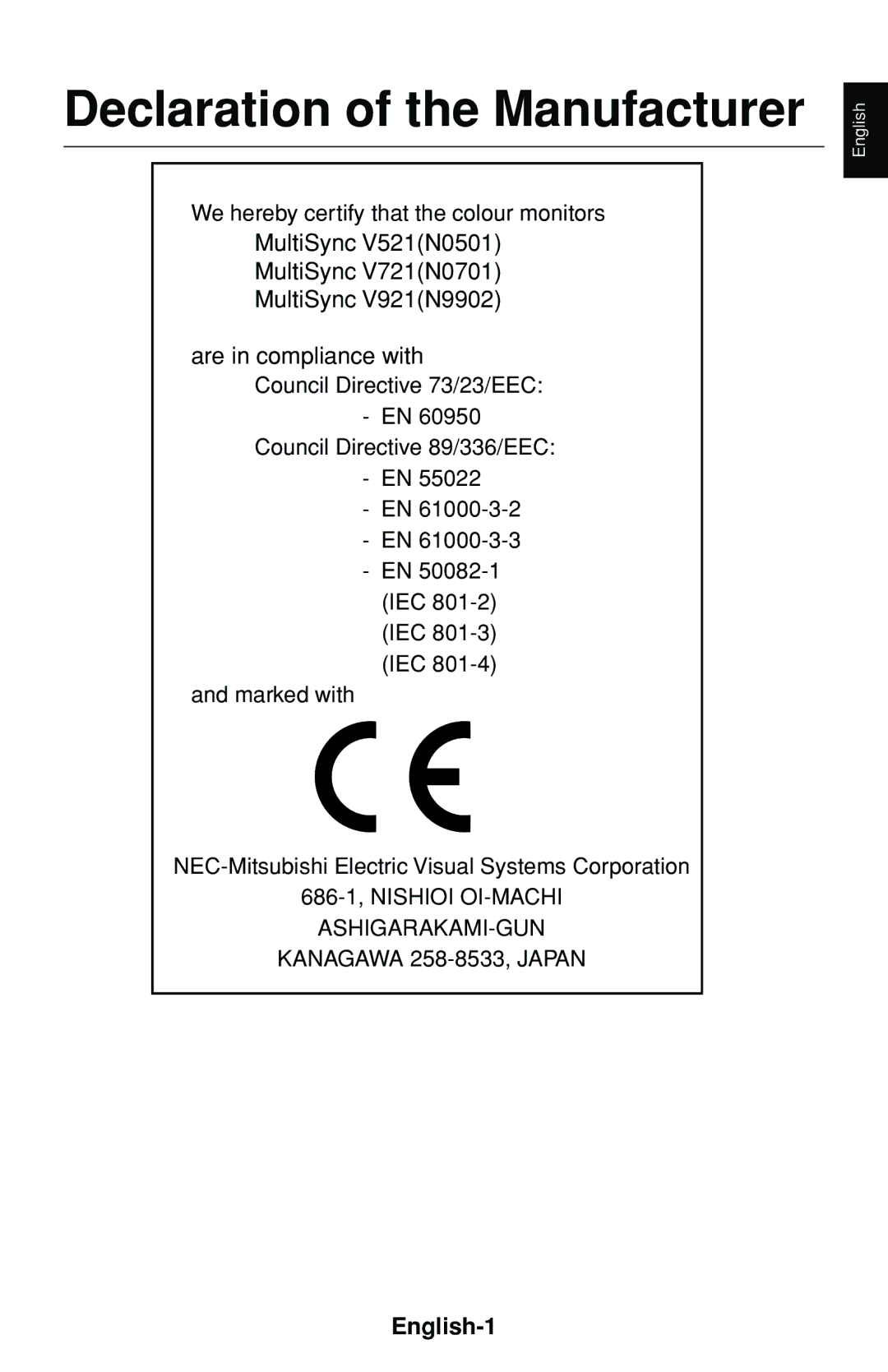 NEC 60000531 user manual Declaration of the Manufacturer, English-1 