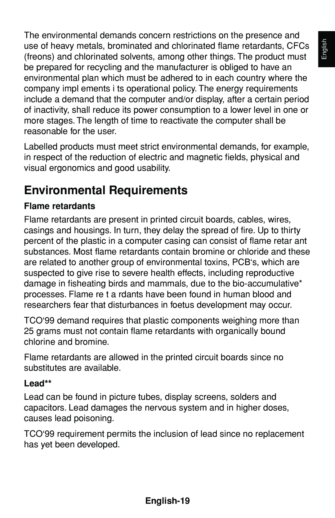 NEC 60000531 user manual Environmental Requirements, Flame retardants, Lead, English-19 