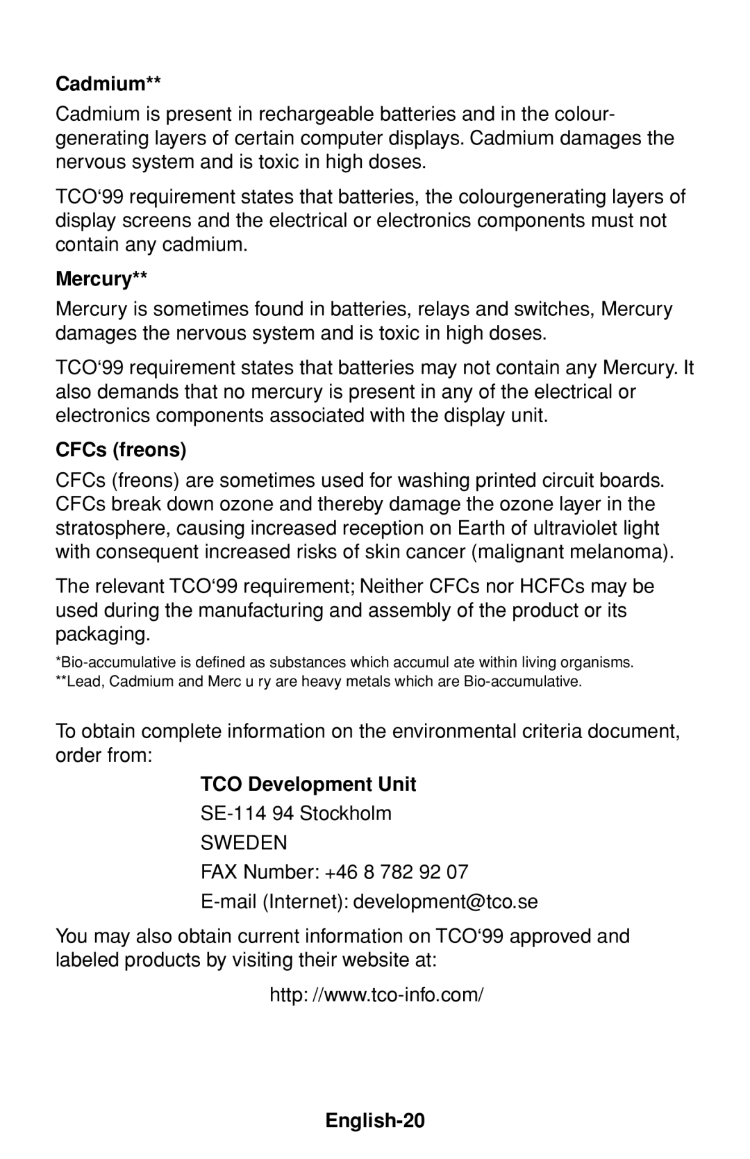 NEC 60000531 user manual Cadmium, Mercury, CFCs freons, TCO Development Unit, English-20 