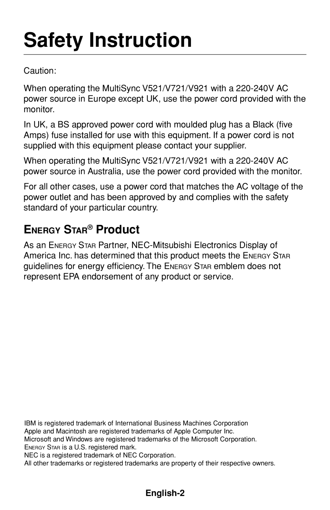 NEC 60000531 user manual Safety Instruction, Energy Star Product, English-2 