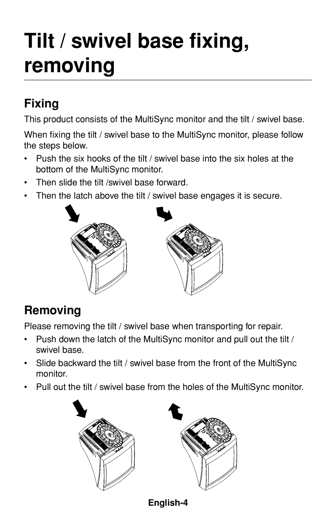 NEC 60000531 user manual Tilt / swivel base fixing, removing, Fixing, Removing, English-4 