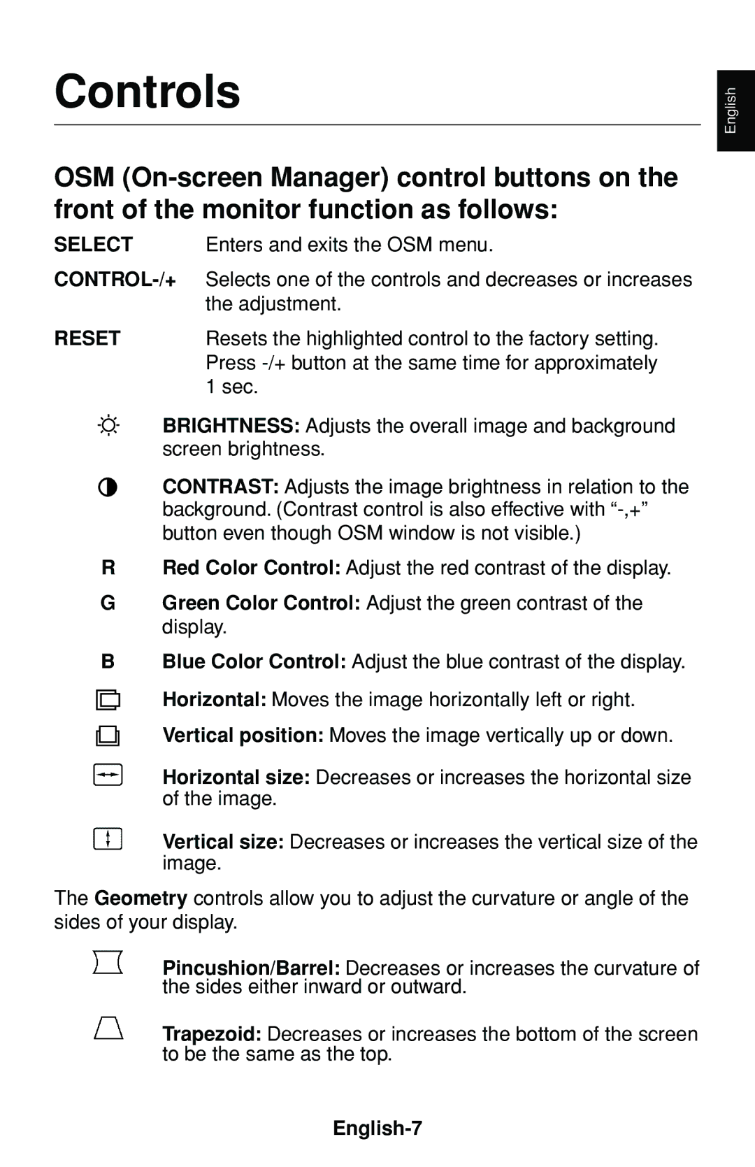 NEC 60000531 user manual Controls, English-7 