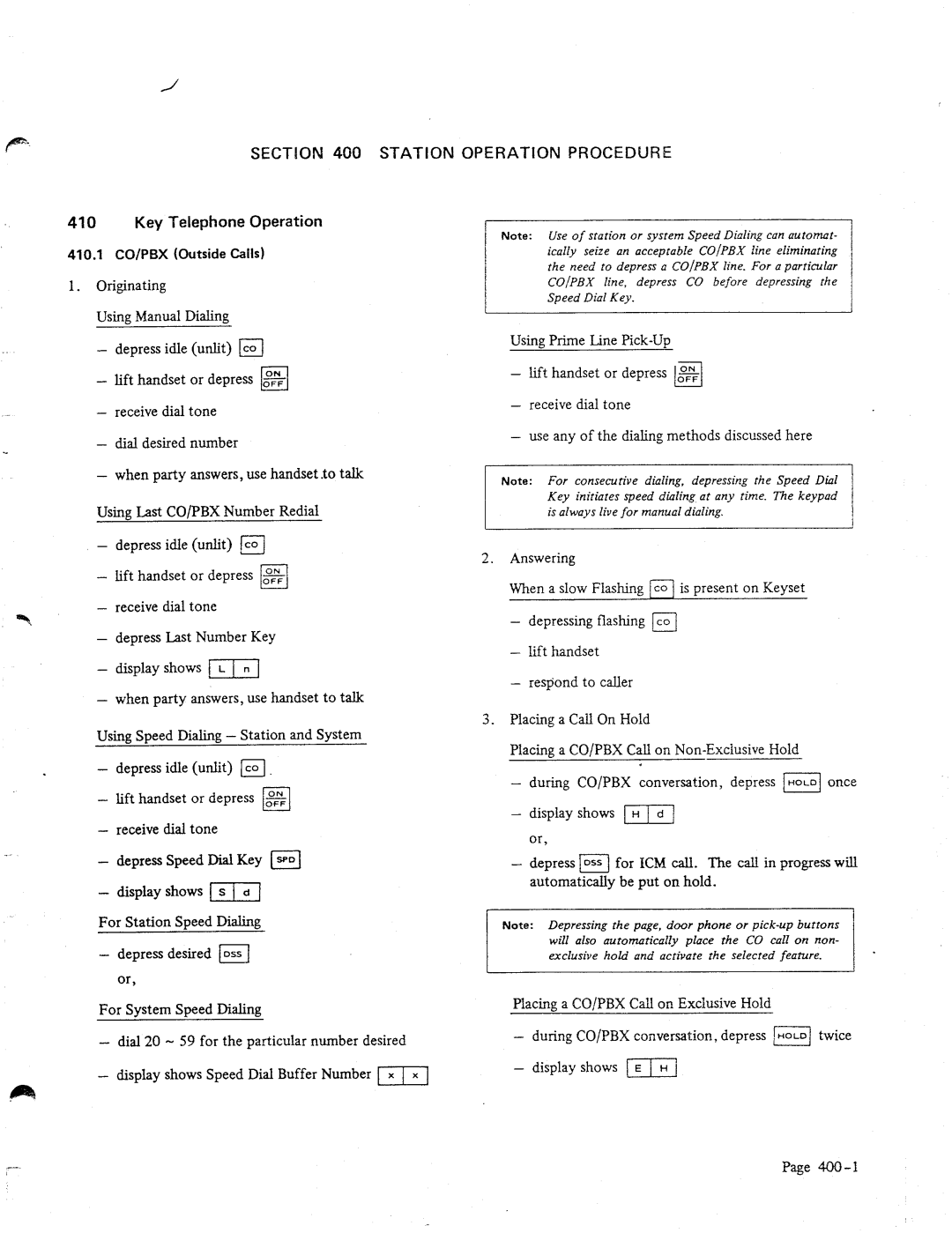 NEC 616 manual SECTllON 400 Station Key Telephone Operation, Operation Procedure 