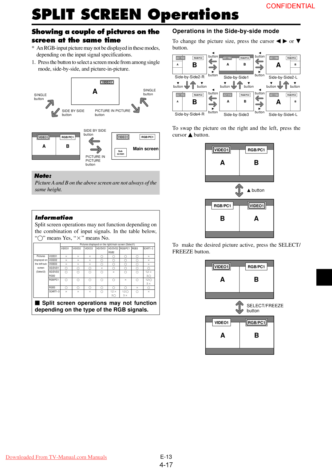 NEC 61XM3 user manual Split Screen Operations, Showing a couple of pictures on the screen at the same time 