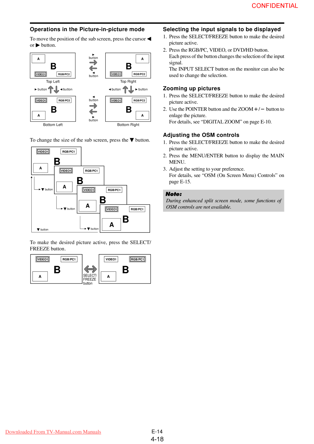 NEC 61XM3 Operations in the Picture-in-picture mode, Selecting the input signals to be displayed, Zooming up pictures 