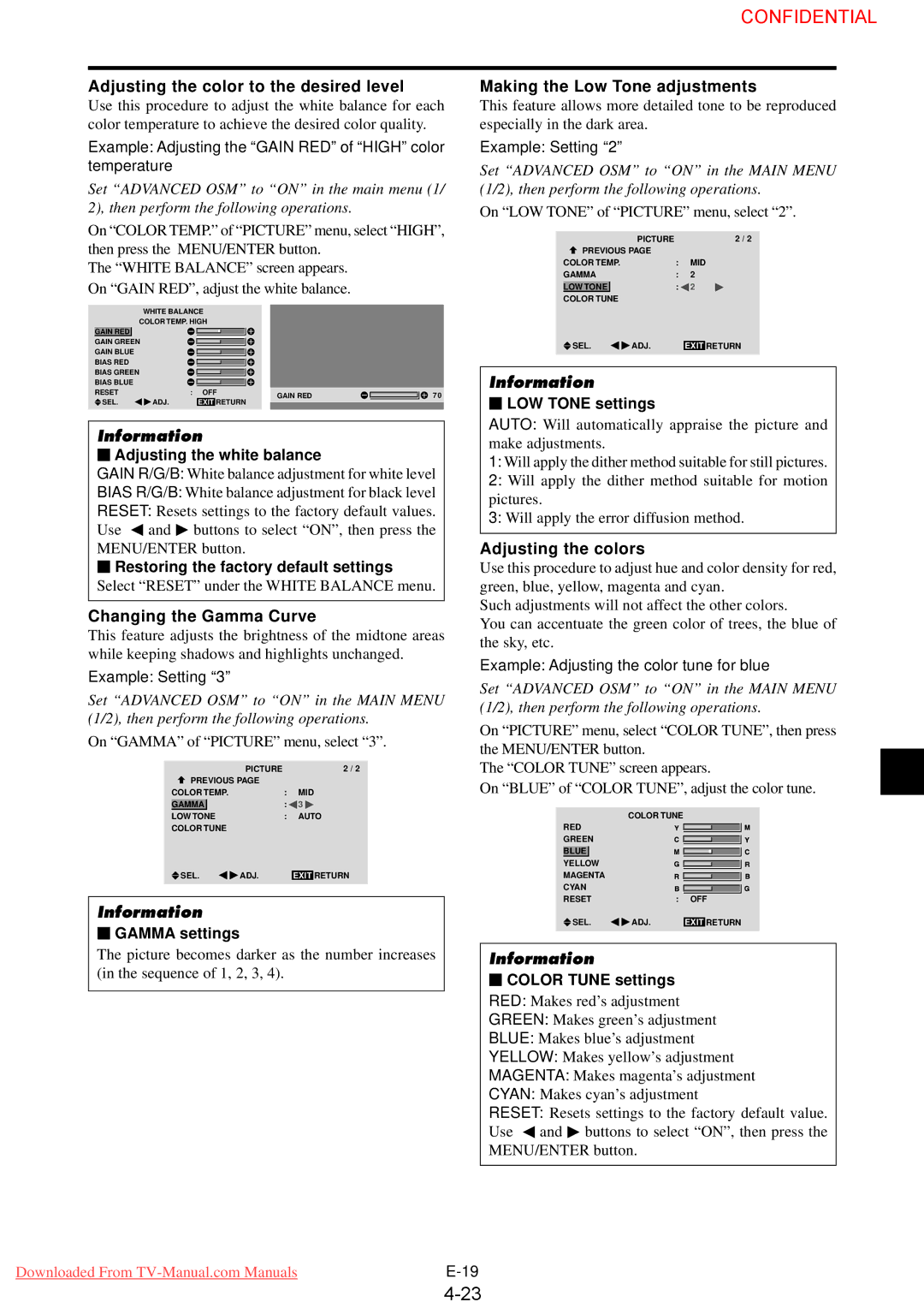 NEC 61XM3 user manual Adjusting the color to the desired level, Changing the Gamma Curve, Making the Low Tone adjustments 