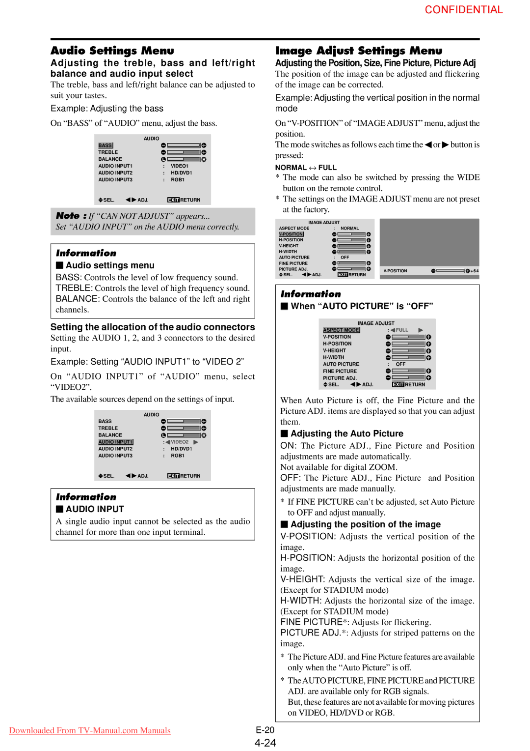 NEC 61XM3 user manual Audio Settings Menu, Image Adjust Settings Menu, Setting the allocation of the audio connectors 