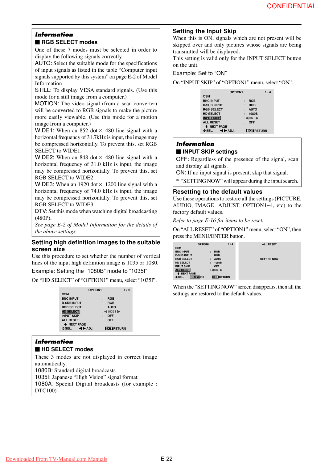 NEC 61XM3 user manual Setting the Input Skip, Resetting to the default values 