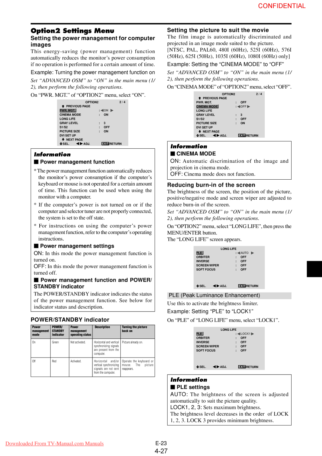 NEC 61XM3 Option2 Settings Menu, Setting the power management for computer images, Setting the picture to suit the movie 