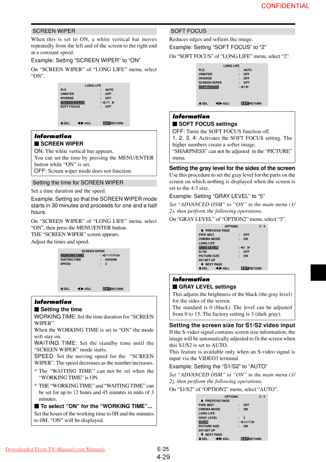 NEC 61XM3 user manual Setting the gray level for the sides of the screen, Setting the screen size for S1/S2 video input 