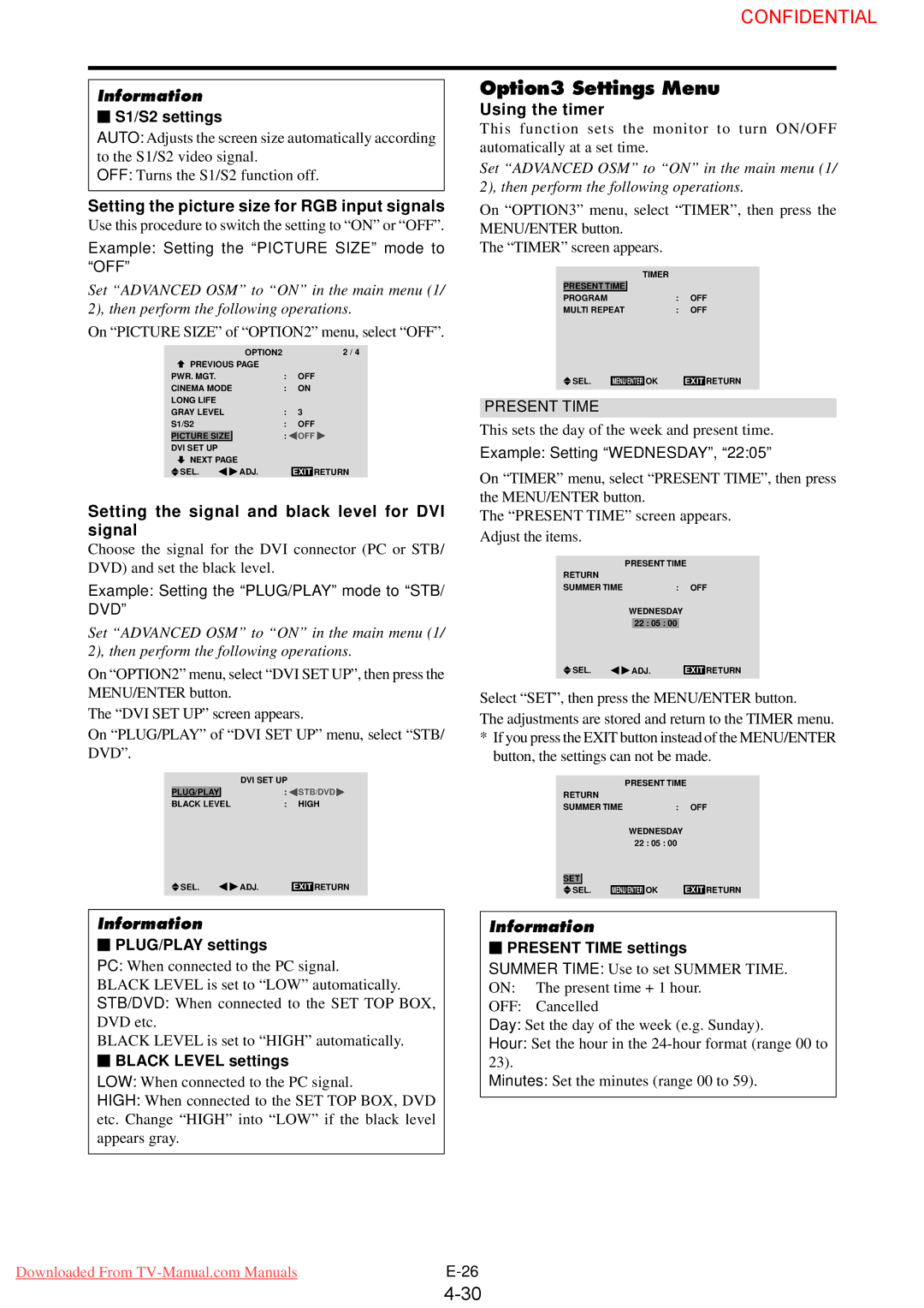 NEC 61XM3 user manual Option3 Settings Menu, Setting the picture size for RGB input signals, Using the timer 