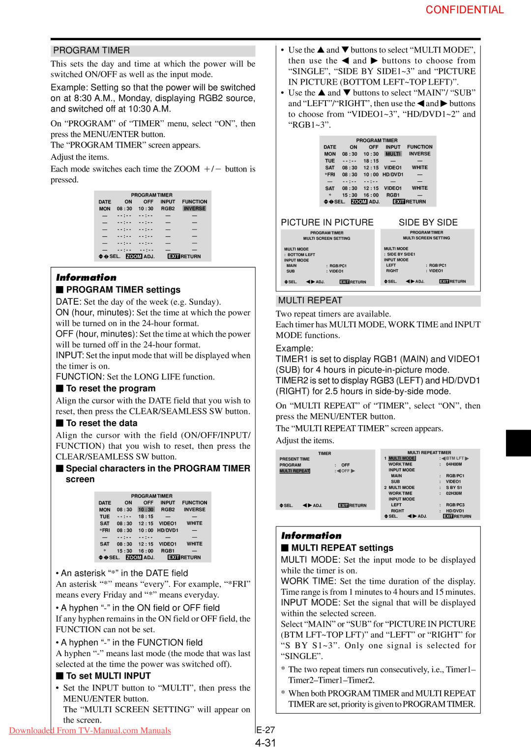 NEC 61XM3 Program Timer settings, To reset the program, To reset the data, Special characters in the Program Timer screen 