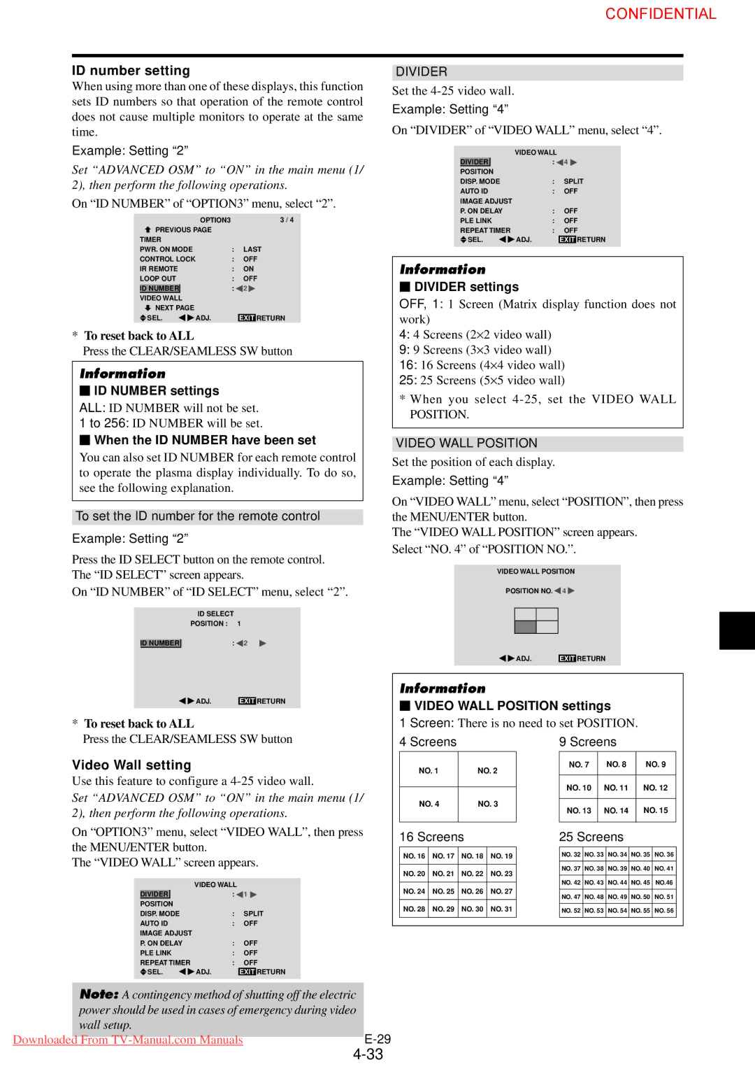 NEC 61XM3 user manual ID number setting, Video Wall setting 