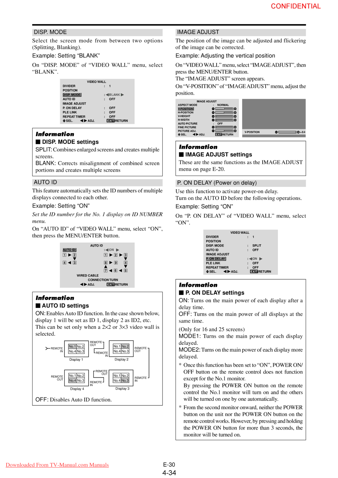 NEC 61XM3 user manual DISP. Mode settings, Auto ID settings, Image Adjust settings, On Delay settings 