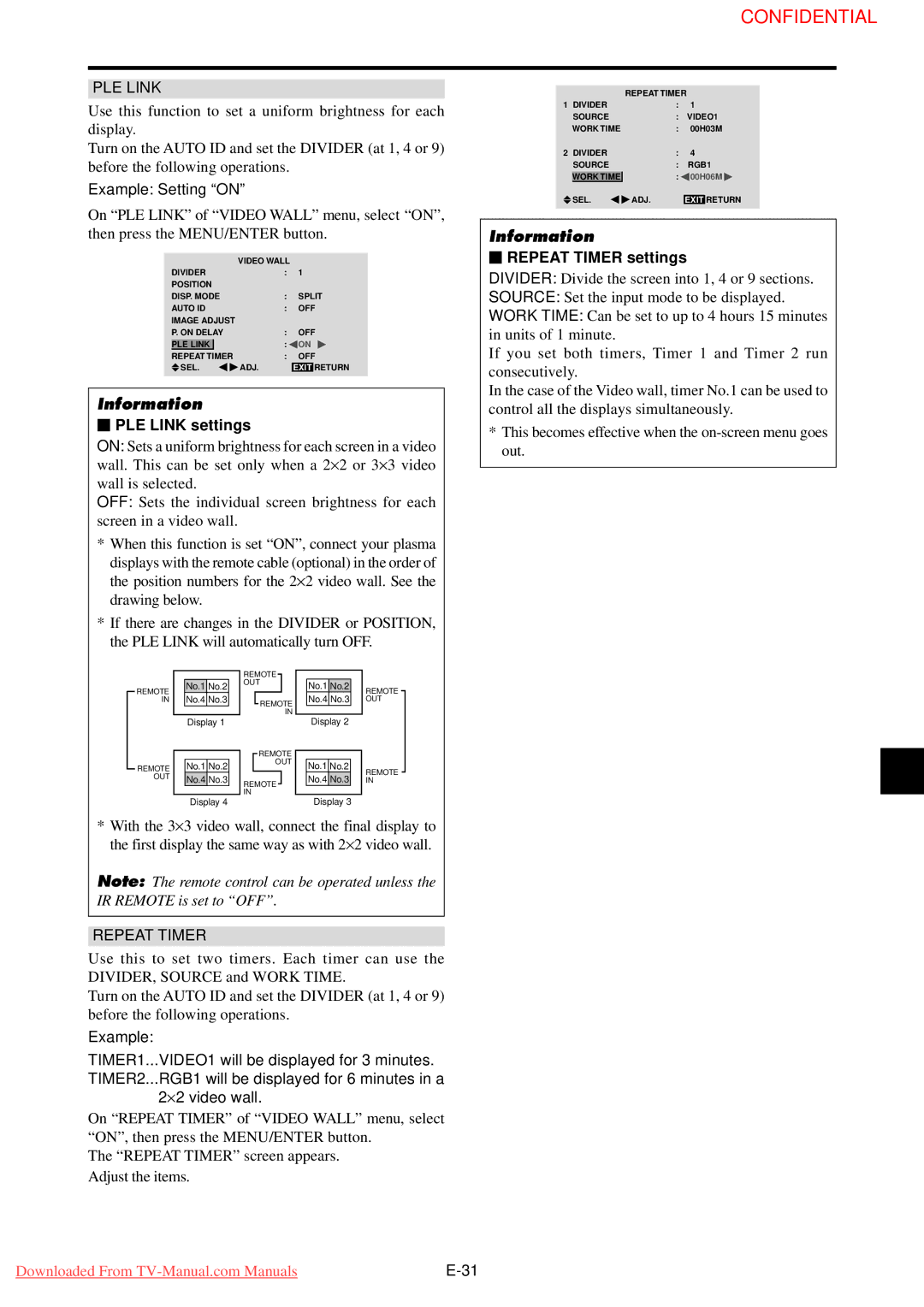 NEC 61XM3 user manual PLE Link settings, Repeat Timer settings 