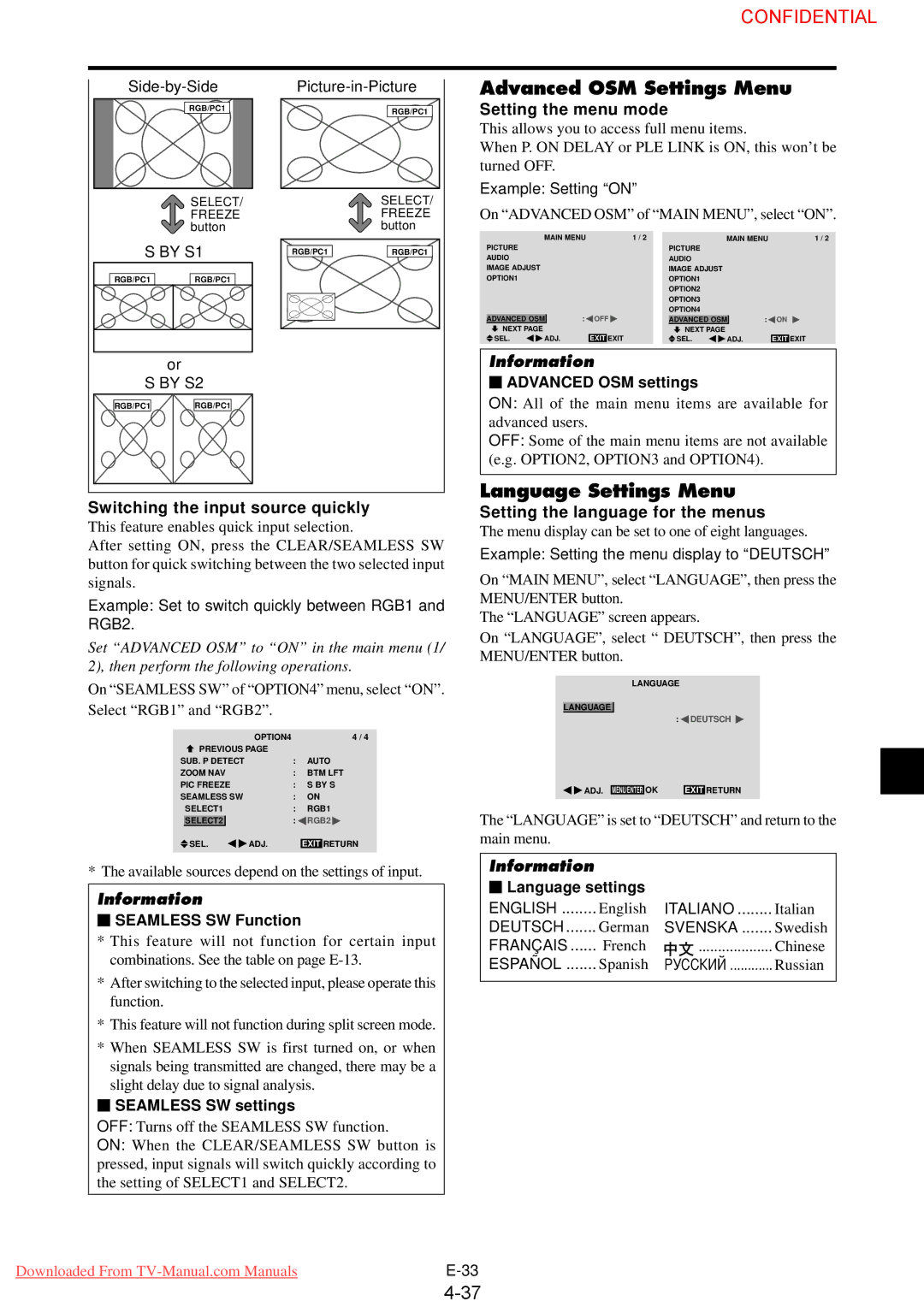 NEC 61XM3 Advanced OSM Settings Menu, Language Settings Menu, Switching the input source quickly, Setting the menu mode 