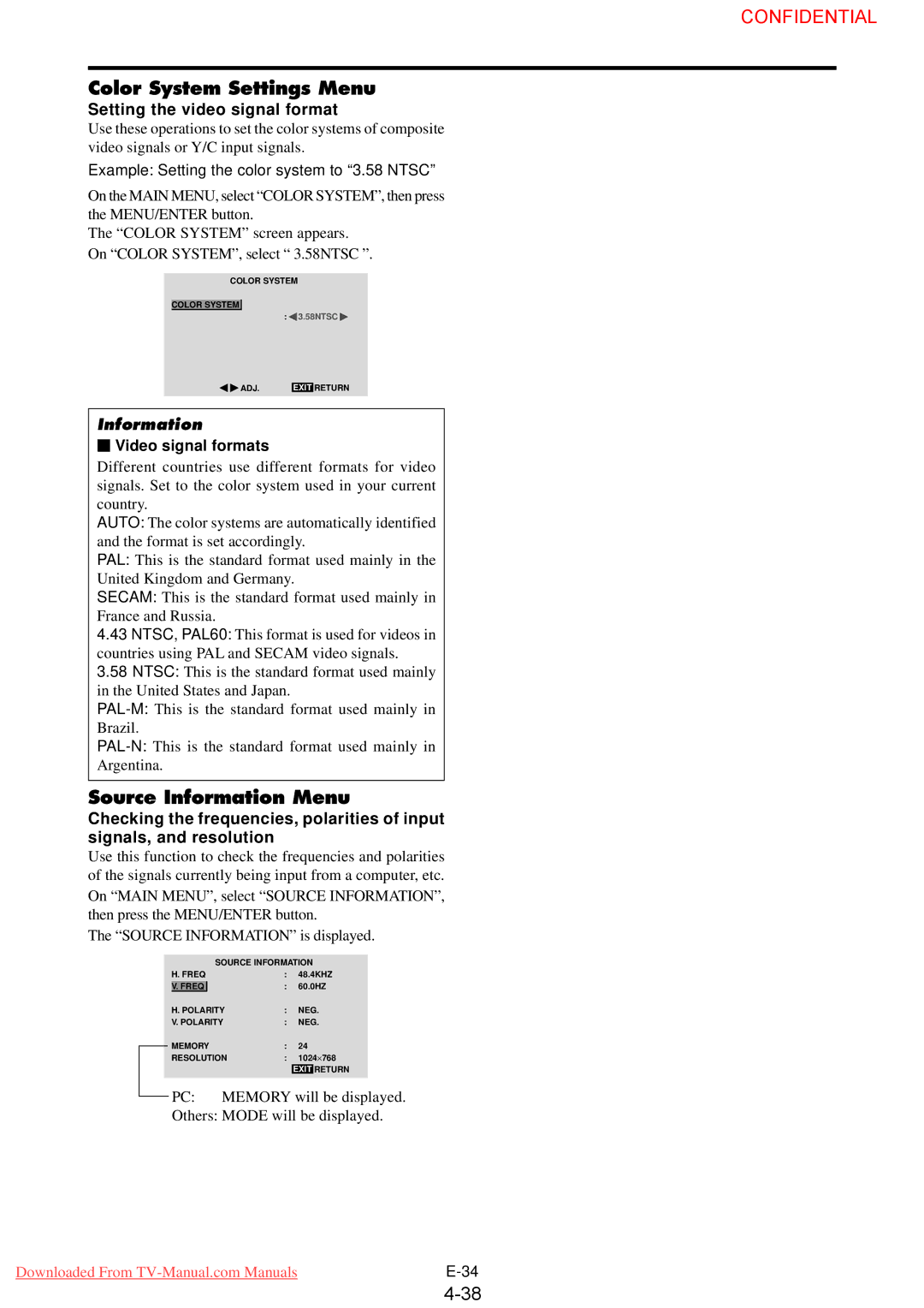 NEC 61XM3 Color System Settings Menu, Source Information Menu, Setting the video signal format, Video signal formats 