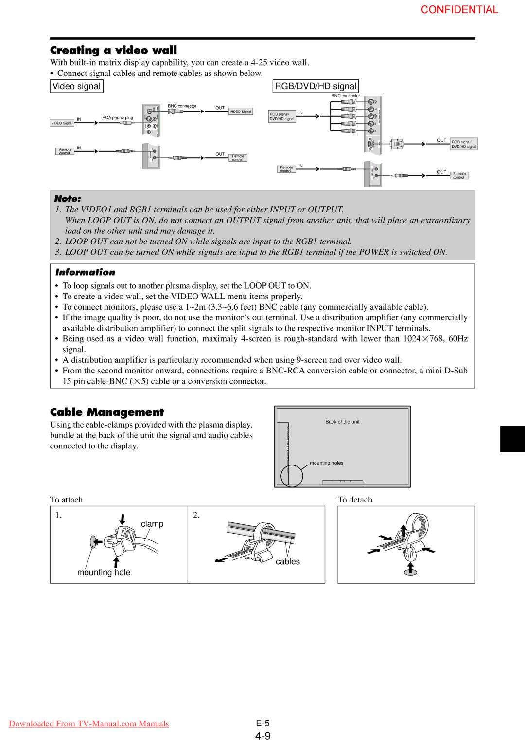 NEC 61XM3 user manual Creating a video wall, Cable Management, Video signal RGB/DVD/HD signal, Cables, Mounting hole 