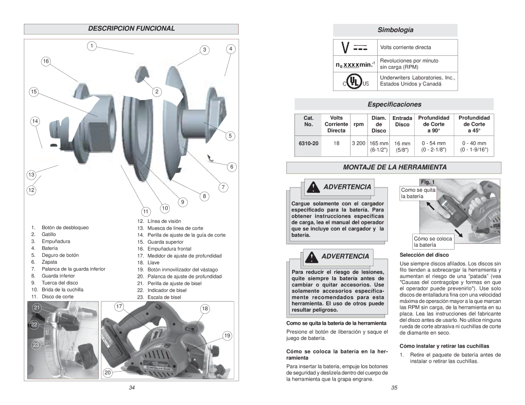 NEC 6310-20 manual Descripcion Funcional, Simbología, Especiﬁcaciones, Montaje DE LA Herramienta 