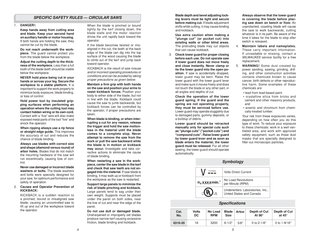 NEC 6310-20 manual Specific Safety Rules Circular Saws, Symbology, Speciﬁcations 