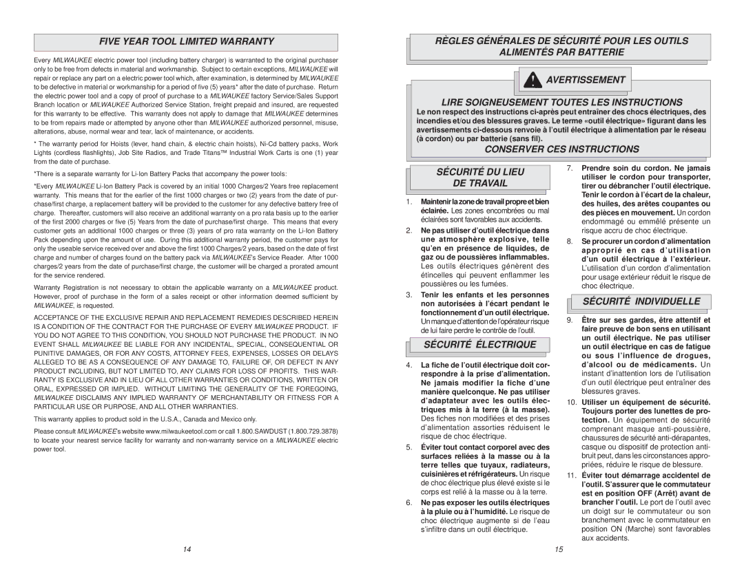 NEC 6310-20 Five Year Tool Limited Warranty, Conserver CES Instructions, Sécurité DU Lieu DE Travail, Sécurité Électrique 