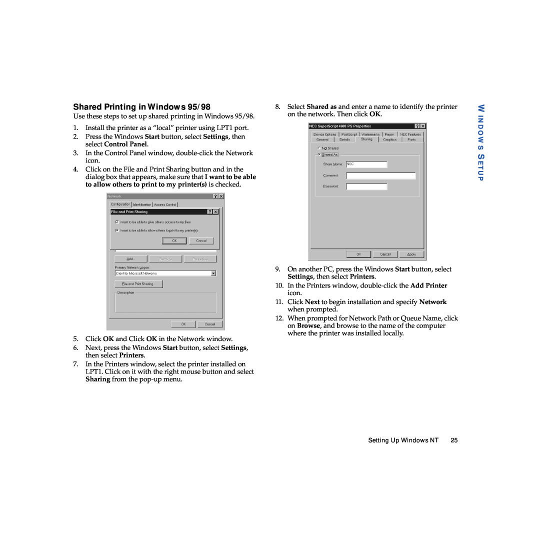 NEC 703-A0368-001 manual Shared Printing in Windows 95/98, Windows Setup 