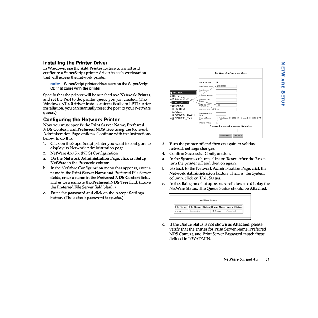 NEC 703-A0368-001 manual Installing the Printer Driver, Conﬁguring the Network Printer, Netware Setup 