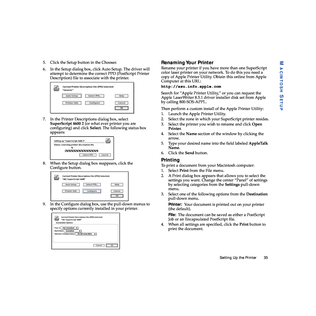 NEC 703-A0368-001 manual Renaming Your Printer, Printing, Macintosh Setup 