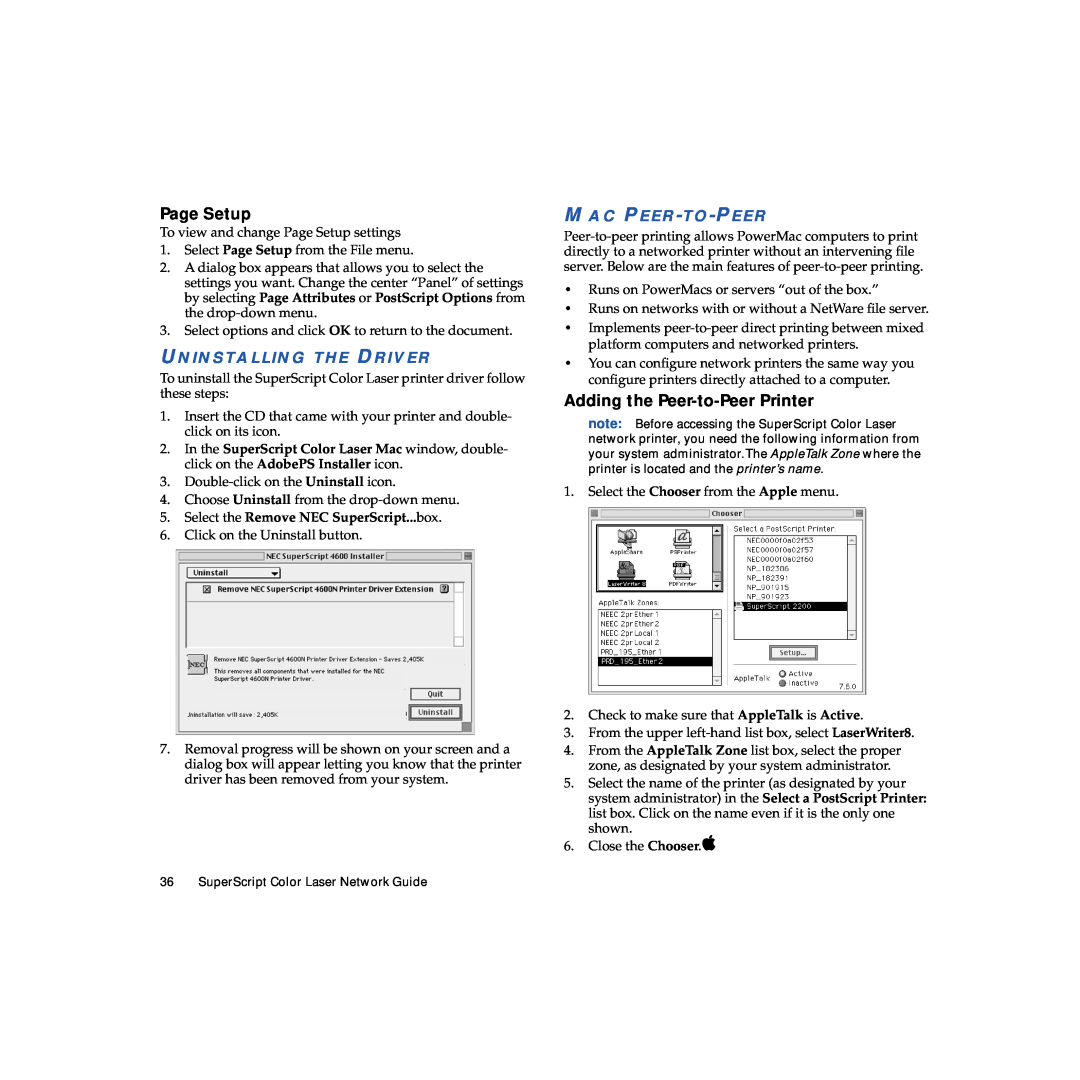 NEC 703-A0368-001 manual Page Setup, Uninstalling The Driver, Mac Peer-To-Peer, Adding the Peer-to-PeerPrinter 