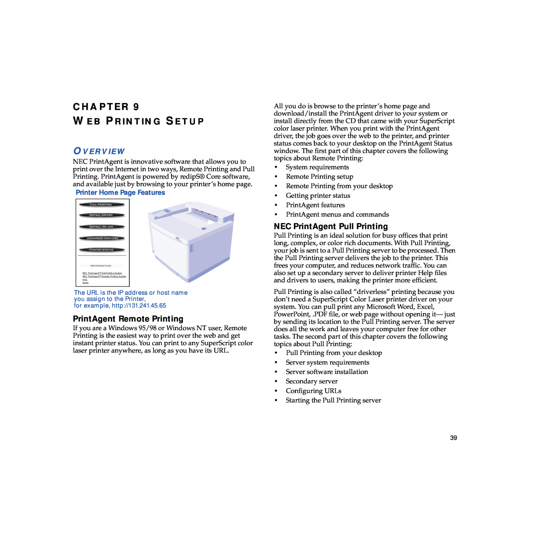 NEC 703-A0368-001 manual Web Printing Setup, PrintAgent Remote Printing, NEC PrintAgent Pull Printing, Chapter, Overview 