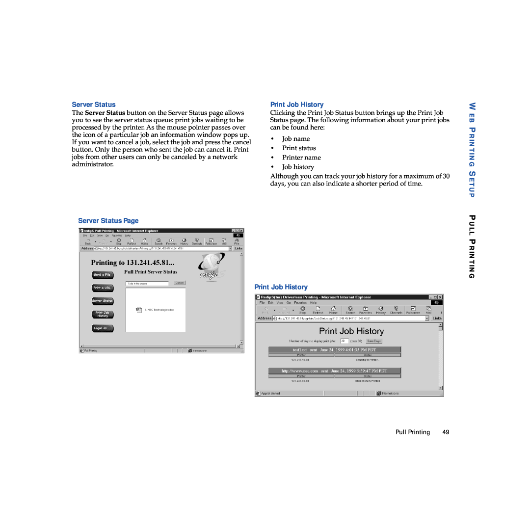 NEC 703-A0368-001 manual Server Status Page, Print Job History, Web Printing Setup Pull Printing 