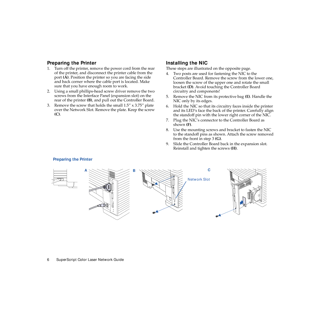 NEC 703-A0368-001 manual Preparing the Printer, Installing the NIC 