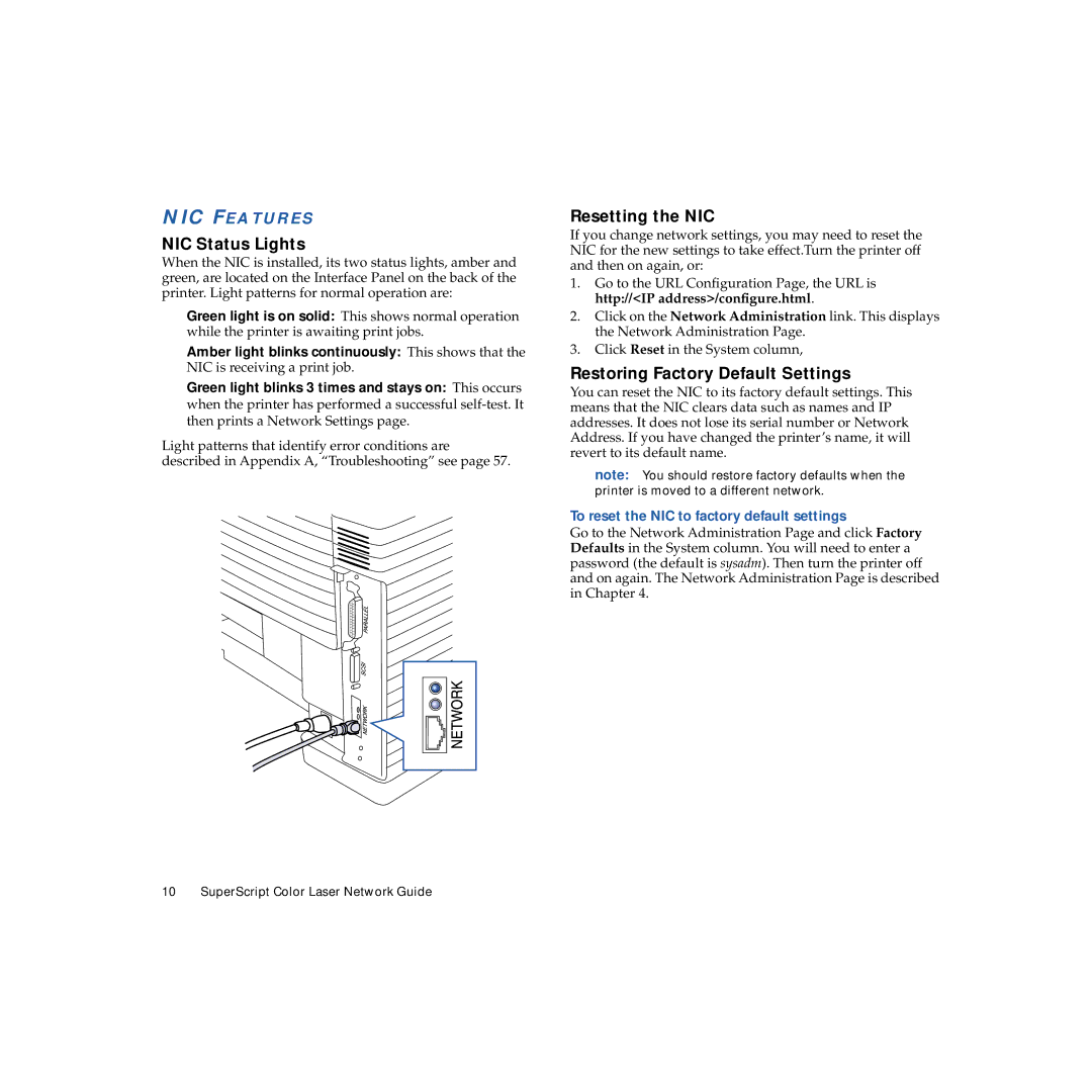 NEC 703-A0368-001 manual NIC Status Lights, Resetting the NIC, Restoring Factory Default Settings, NIC Features 