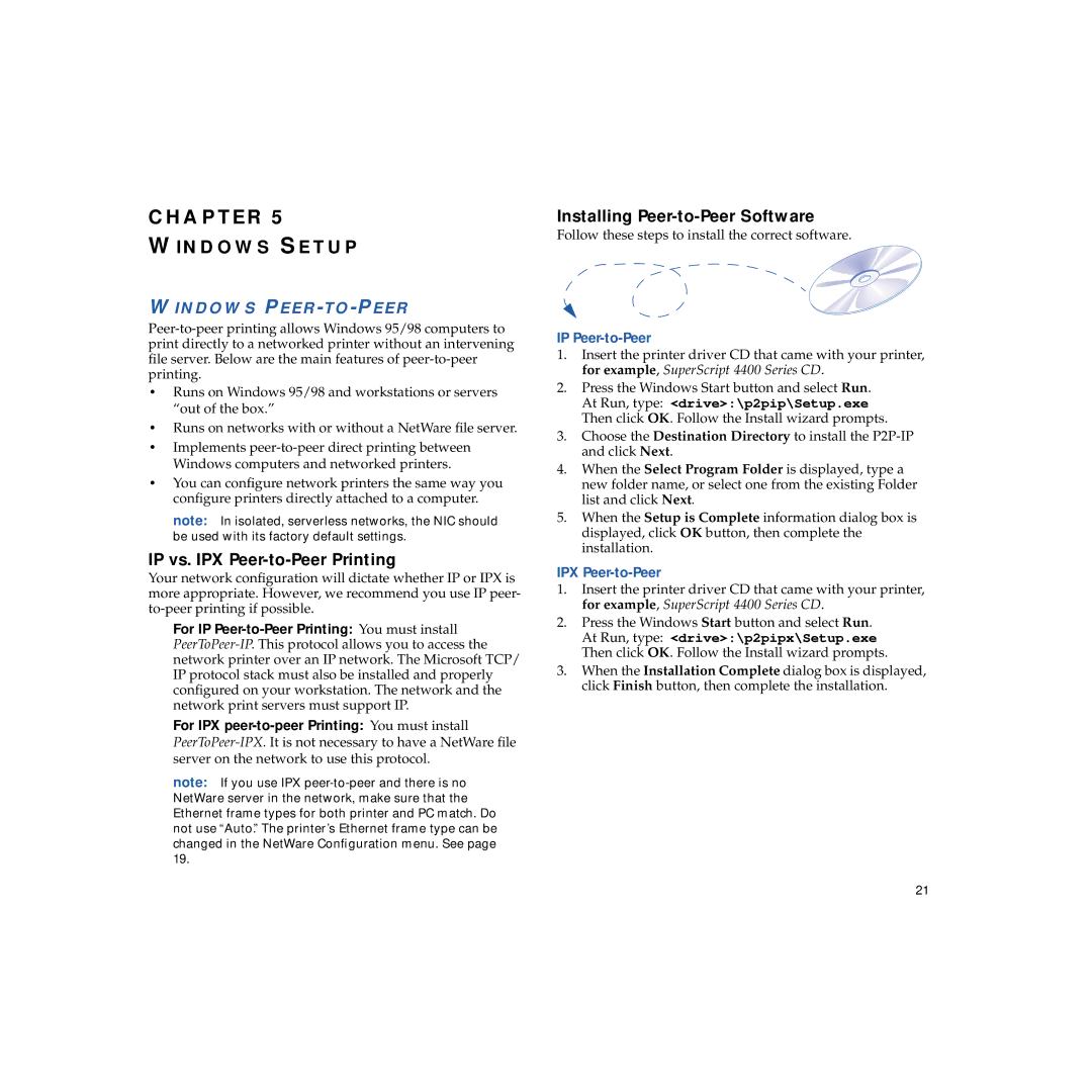 NEC 703-A0368-001 Windows Setup, IP vs. IPX Peer-to-Peer Printing, Installing Peer-to-Peer Software, Windows PEER-TO-PEER 