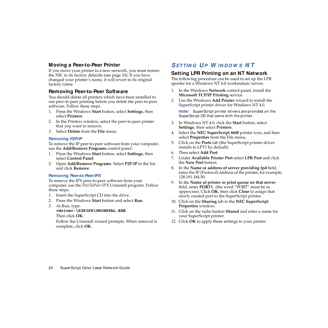 NEC 703-A0368-001 Moving a Peer-to-Peer Printer, Removing Peer-to-Peer Software, Setting LPR Printing on an NT Network 