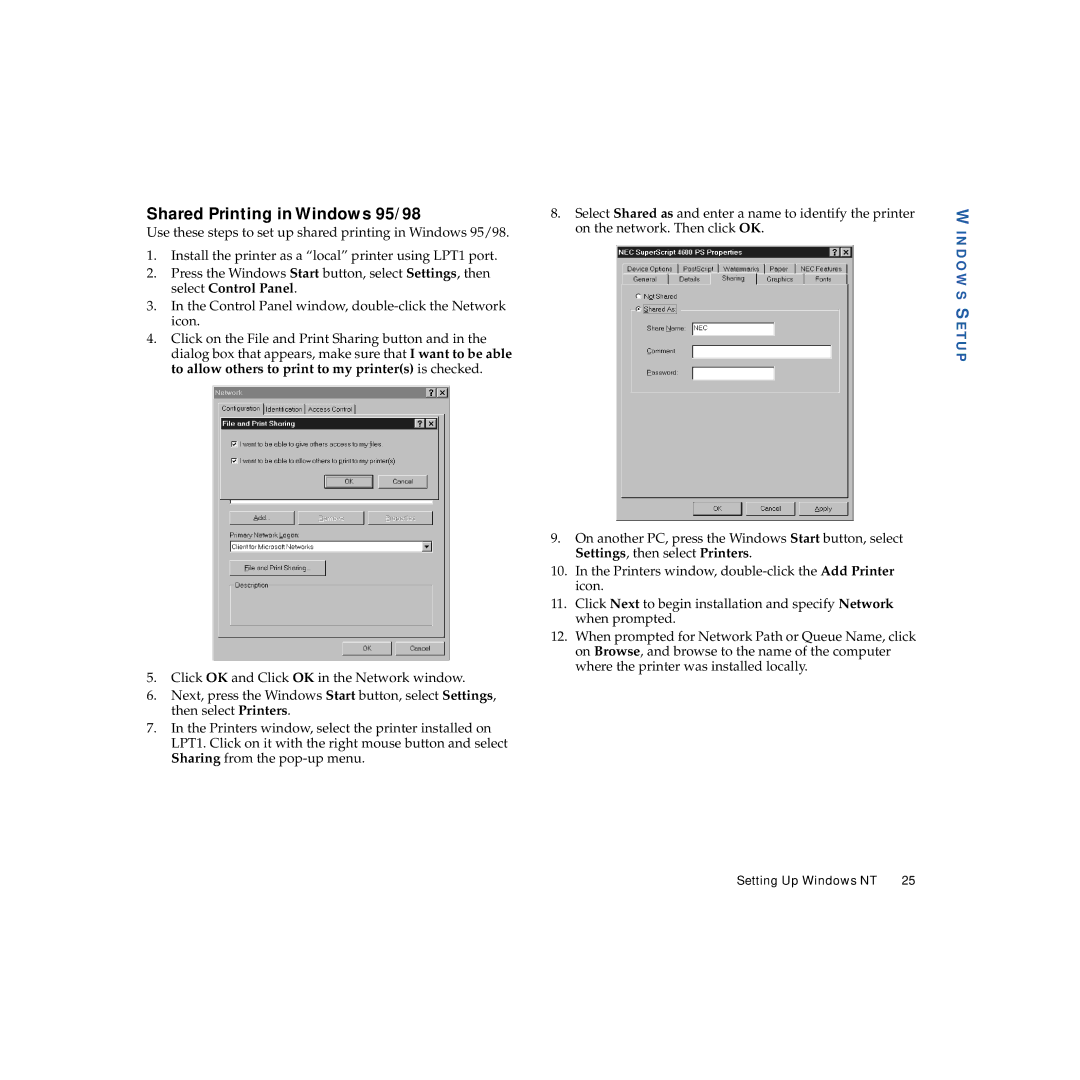 NEC 703-A0368-001 manual Shared Printing in Windows 95/98 