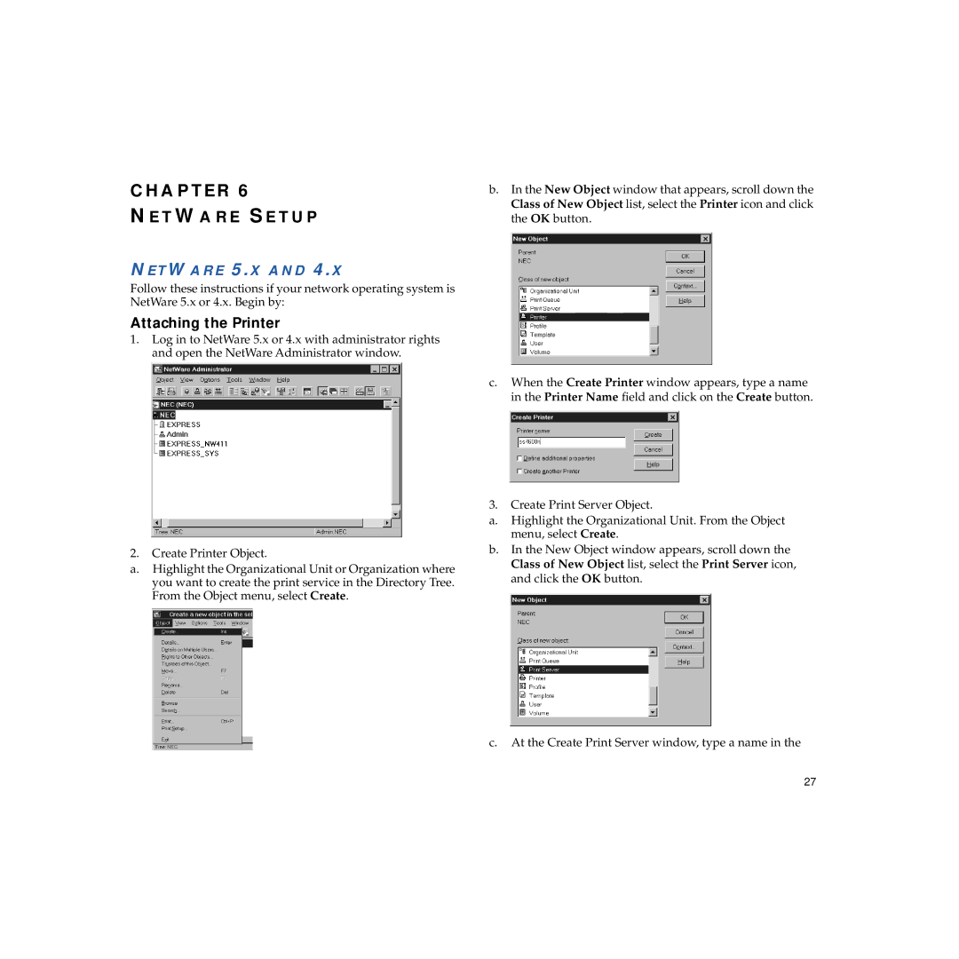 NEC 703-A0368-001 manual Netware Setup, Attaching the Printer, Netware 5.X 