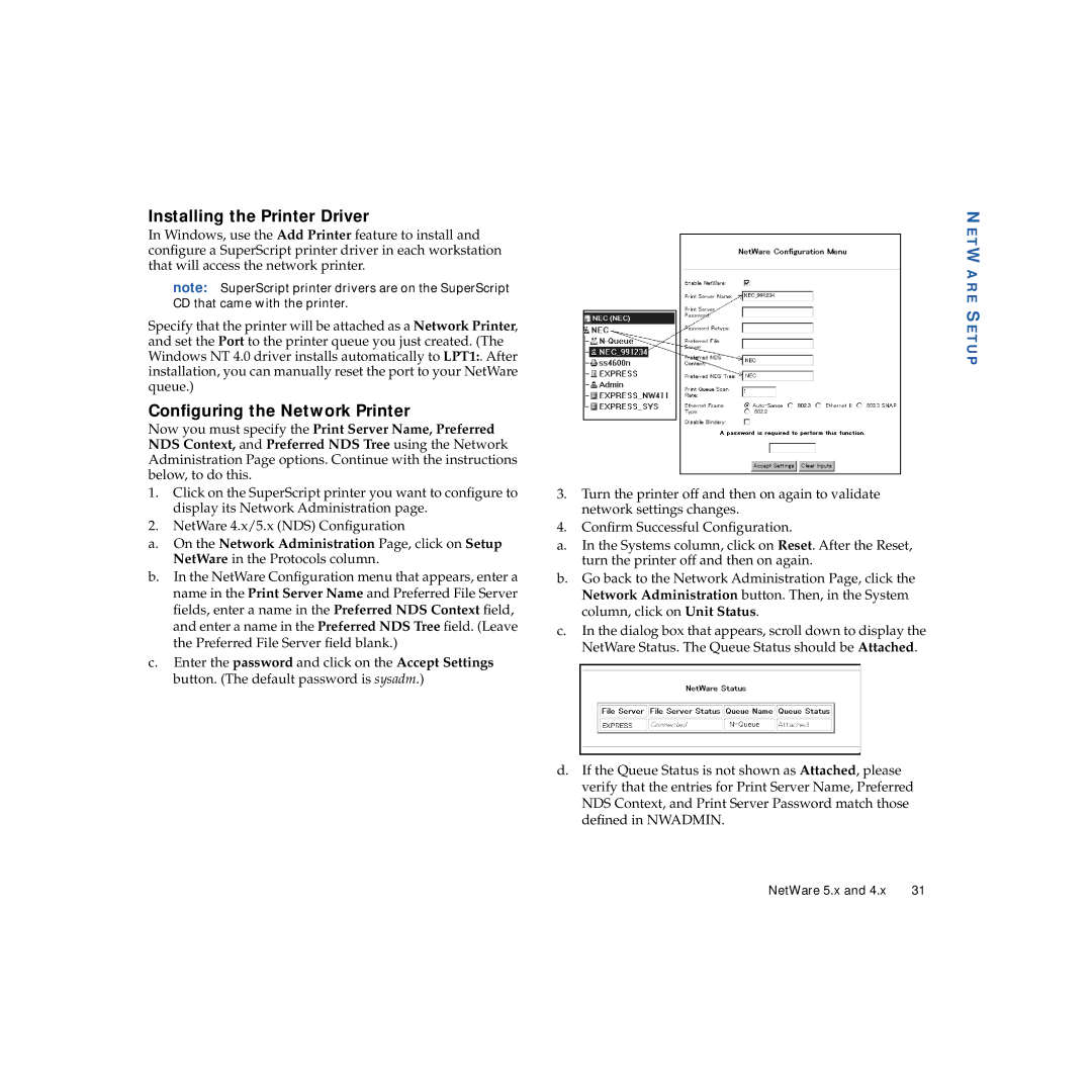 NEC 703-A0368-001 manual Installing the Printer Driver, Conﬁguring the Network Printer 