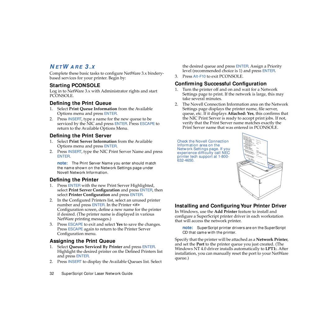 NEC 703-A0368-001 manual Starting Pconsole, Deﬁning the Print Queue, Deﬁning the Print Server, Deﬁning the Printer 