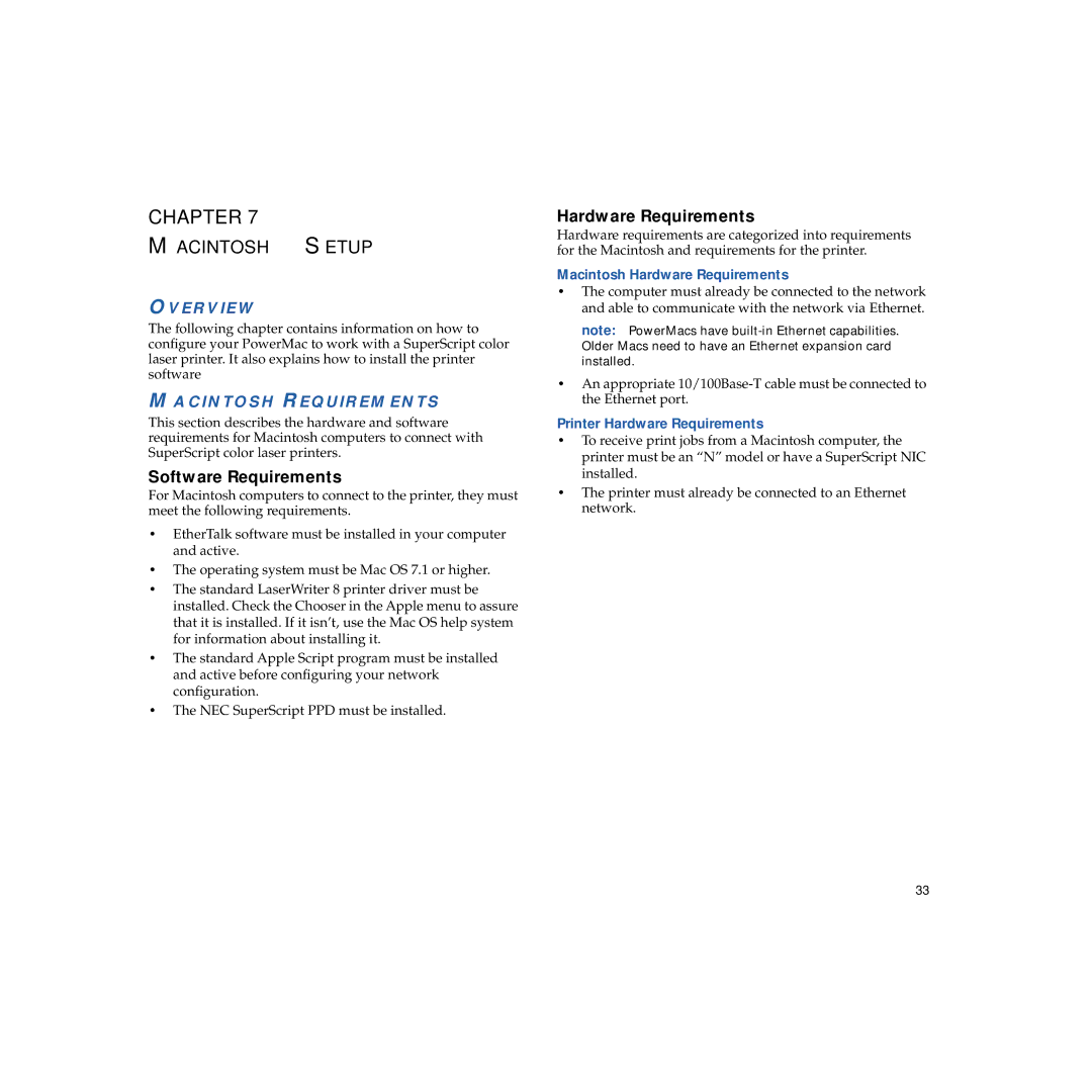 NEC 703-A0368-001 manual Macintosh Setup, Software Requirements, Hardware Requirements, Macintosh Requirements 